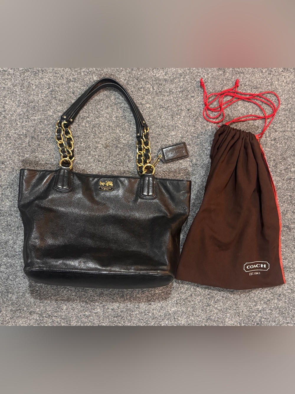 Coach Madison Black Pebbled Leather Tote Bag Gold Chain Strap F20466 W/ Dustbag